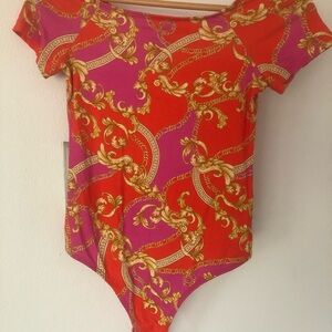 ASOS Red & Fuchsia Baroque-Print Short Sleeve Bodysuit